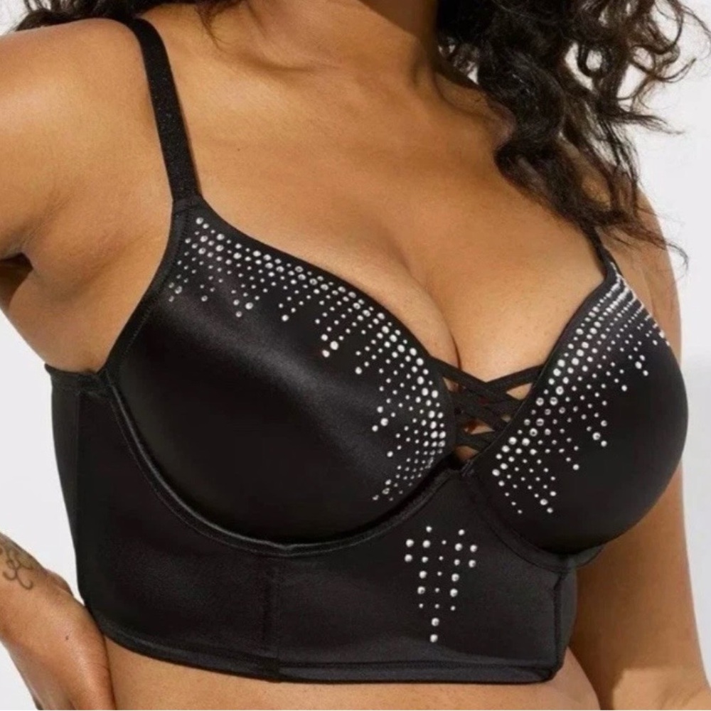 Women’s Torrid XO Plunge Push-Up Bra Diamanté Rhinestone Black 44C NWT
